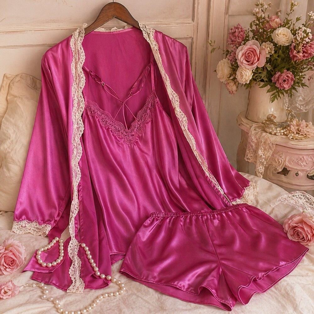 NWT Linea Donatella 3pc Satin Cami Shorts Robe Set Wild Berry Sz L